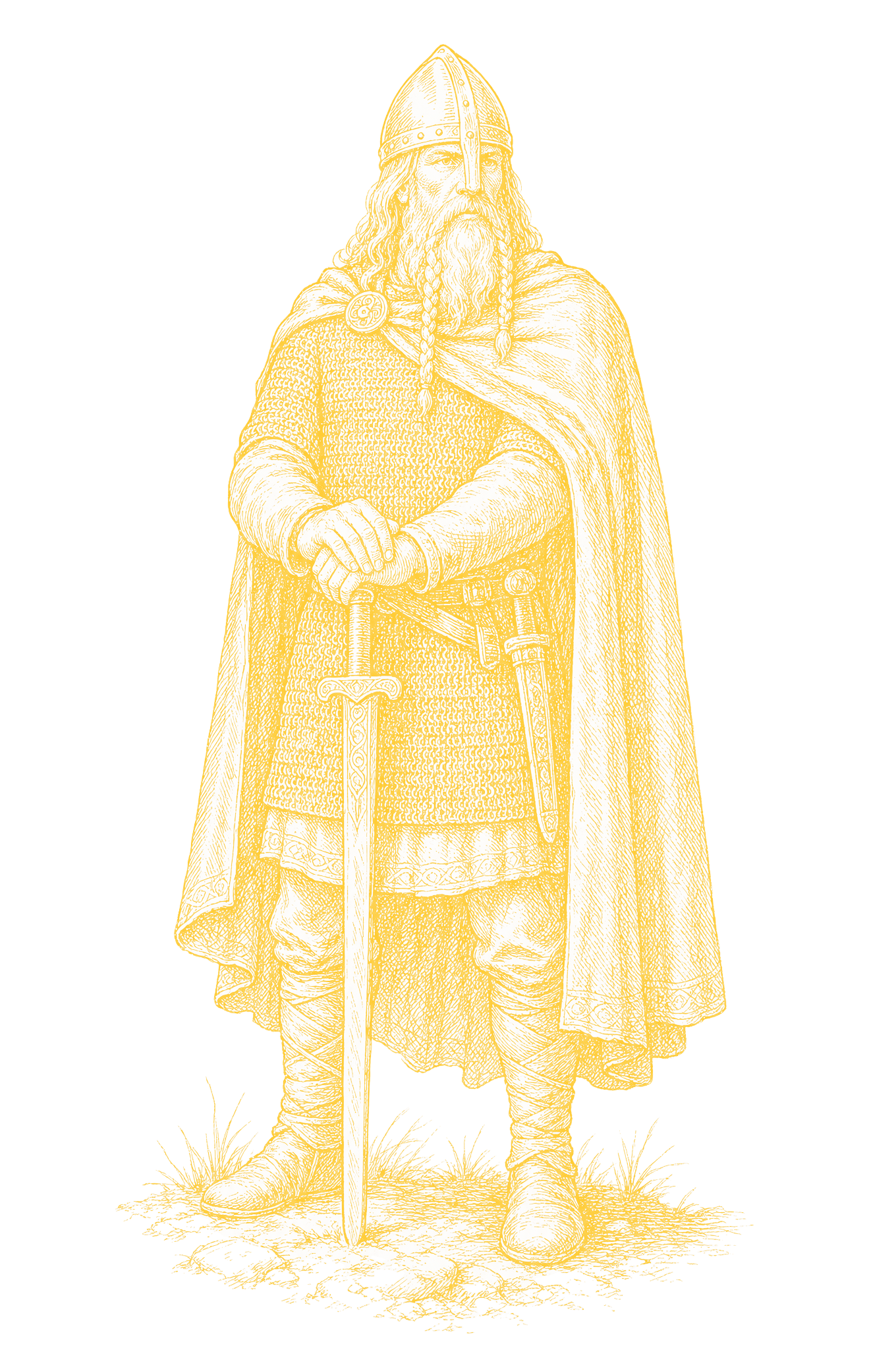 Baldr, the Norse god of light, standing in golden linework